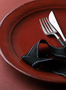 菜盘红色平盘盘浅盘大创意家餐复古RTU风包邮陶用号瓷子西餐盘牛