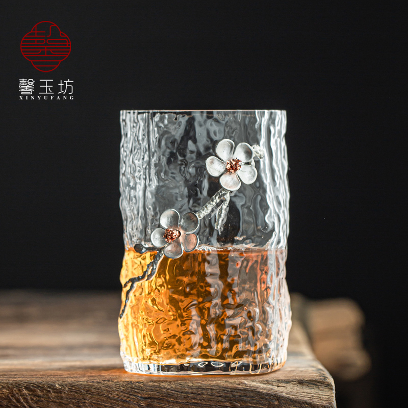 馨玉坊日式锤纹玻璃杯镶梅t花水杯茶杯酒杯办公室家用个人杯子加