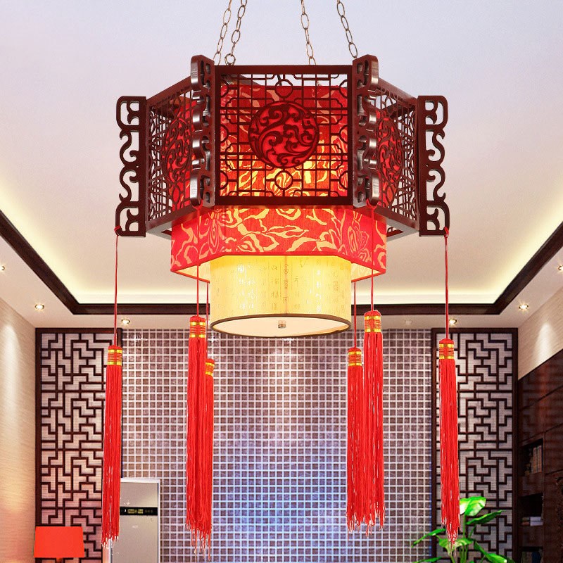 中式吊灯仿古实木客厅餐厅灯具个性羊皮酒店O会所包厢饭店艺术吊