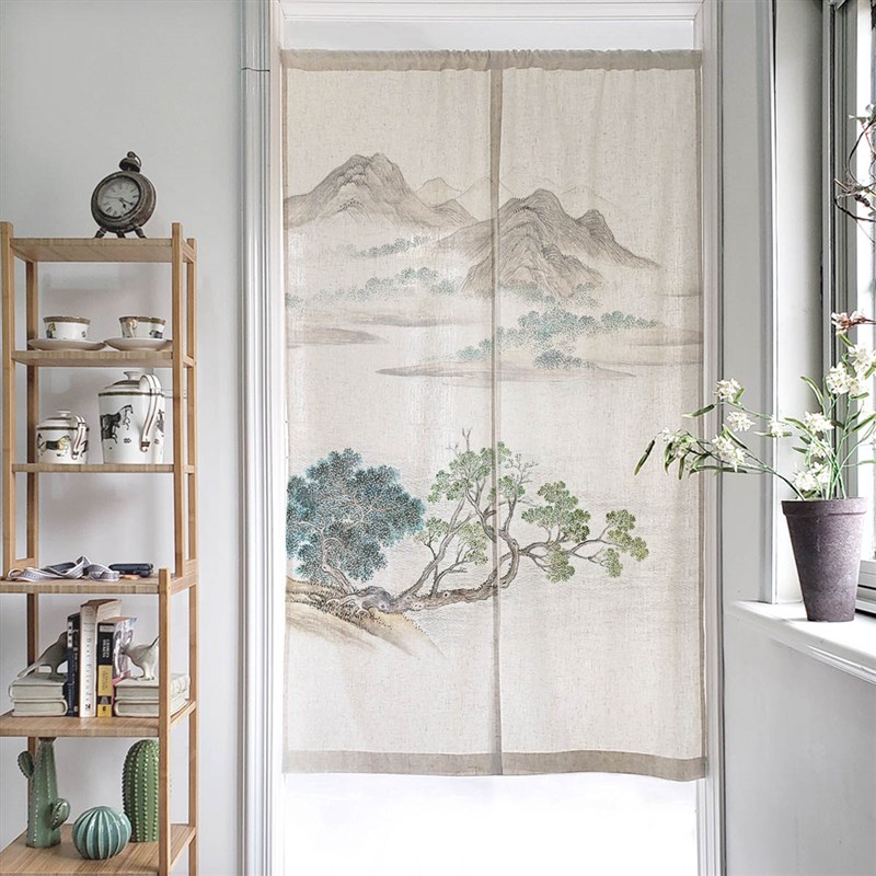 日式中式门帘亚麻布艺厨房浴室定制伸缩杆M卧室隔断免打孔湖山春