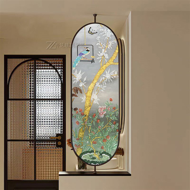 手工珐琅彩珐琅彩纯手绘艺u术玻璃客厅隔断遮挡旋转屏风宋代美学