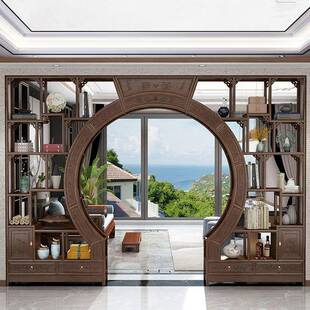 中式木月洞门圆博古架多宝实阁弧形月亮门客厅隔门985断菠萝格木