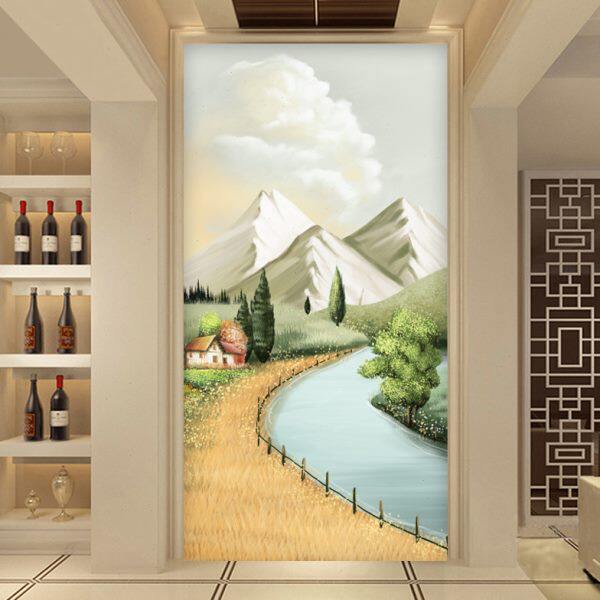 景色宜人 北欧玄关壁纸客厅装饰画风景楼梯进门背景墙布2023新款