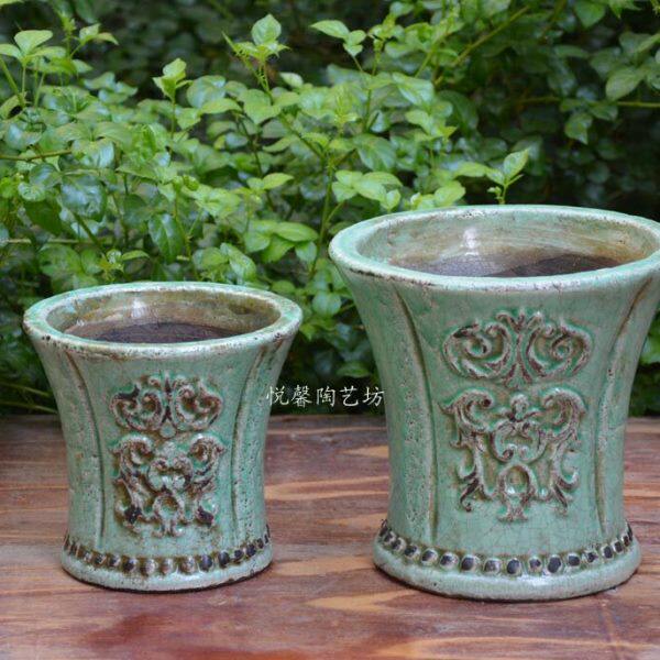 欧式风格陶艺花盆 粗陶挂釉 冰裂纹 果绿色复古怀旧花盆 陶盆
