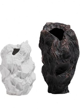 新中式现代家居样板间装饰品假山岩石纹褶皱花瓶黑白色陶瓷插花器