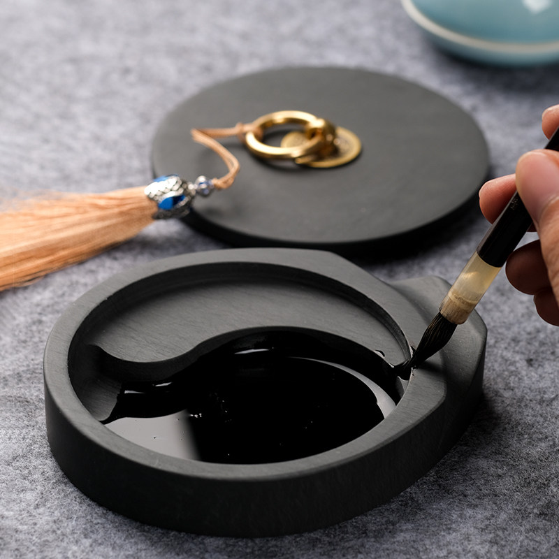 火锅砚台不b干墨歙砚文房四宝文具书法用品4寸带盖墨海墨条墨碟初