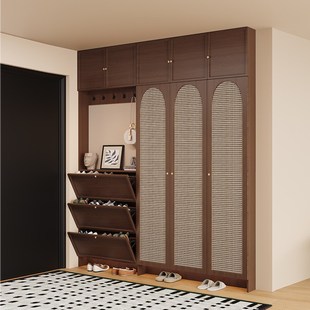 中古超薄翻斗鞋柜家用门口藤编收纳柜加H高款胡桃木挂衣架一体玄