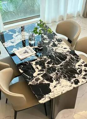 天玫然石餐桌意式轻奢高端奢吃桌子大理石长方形小户型饭黑瑰YVB