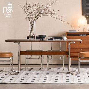 几象复古布伦特现代简约长方形岩板长餐桌椅组合家用实木不锈钢腿
