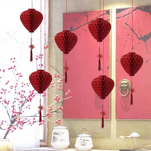 新年元宵节店铺橱窗装饰吊饰纸灯笼幼儿园活动P背景拍照道具蜂窝