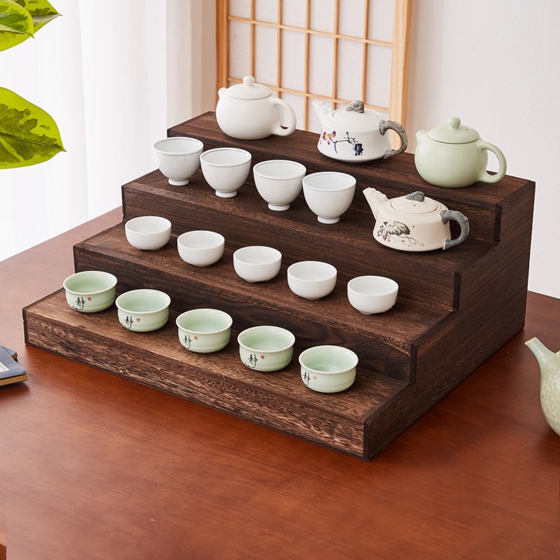 实木桌面小型博古架茶壶架茶w具收纳架中式茶器茶杯架置物架阶梯