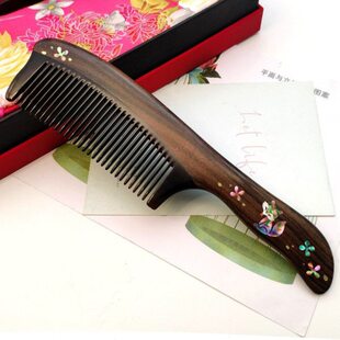 檀木梳子螺钿彩绘工艺梳长柄文创花下狐狸长柄礼盒装礼物商务礼品