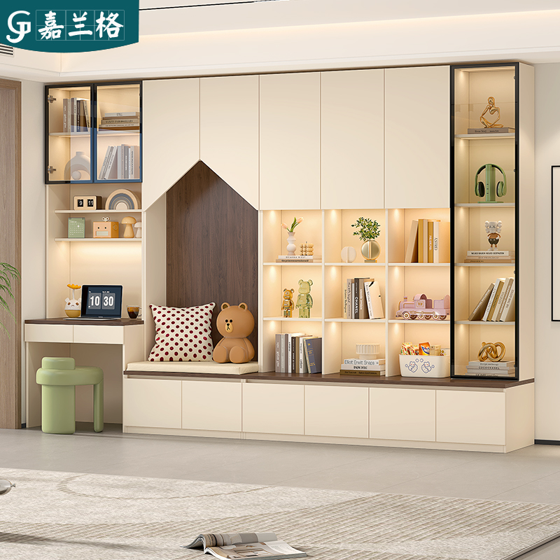 去客厅化卡座书柜书桌一体满墙到顶储物展示柜子书桌书架组合9F79
