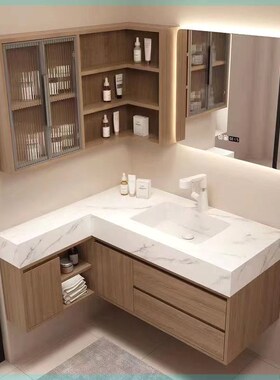 新款浴室柜岩板陶瓷无缝盆定制卫生间洗漱转角洗手洗脸盆一体组合