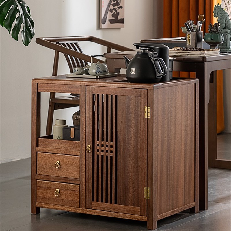 金色柚木茶桌边柜家用移动茶几茶台烧水柜一体茶水台客厅储物柜子