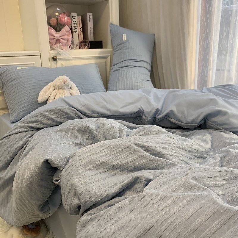 新款波浪泡泡水洗棉蓝色床笠四件套网红同款小清新被套宿舍三件套