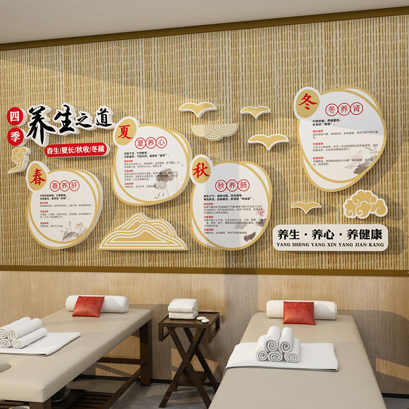 四季养生馆背景墙面装饰品画美容院房间大厅布置足疗浴店中医文化
