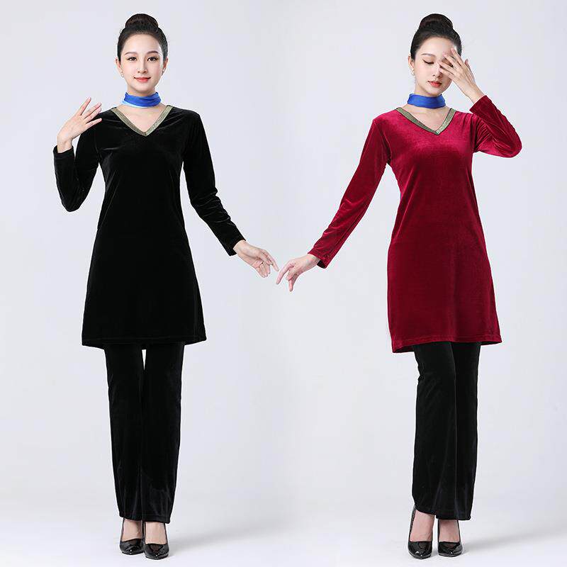 秋冬金丝绒形体礼仪训练服套装女模特走秀演出舞蹈练功服V领显瘦