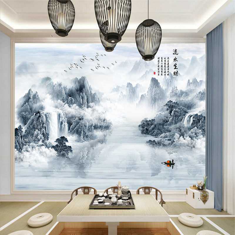 贴画墙贴客厅沙发3D新中式自粘山水风景电视背景风装饰壁一件