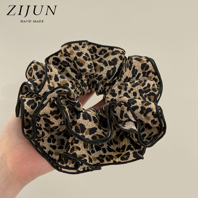 复古头绳4层超大号豹纹大肠发圈女C高级感木耳边气质缎面扎头发绳