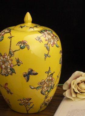 欧式新中式陶瓷器黄色花瓶插花摆件客厅家居软装样板房装饰电视柜