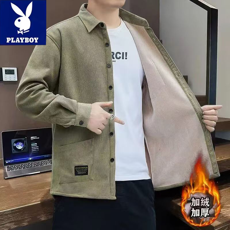 花花公子加绒加厚男士百搭灯芯绒衬衫秋冬季青年宽松潮流长袖上衣