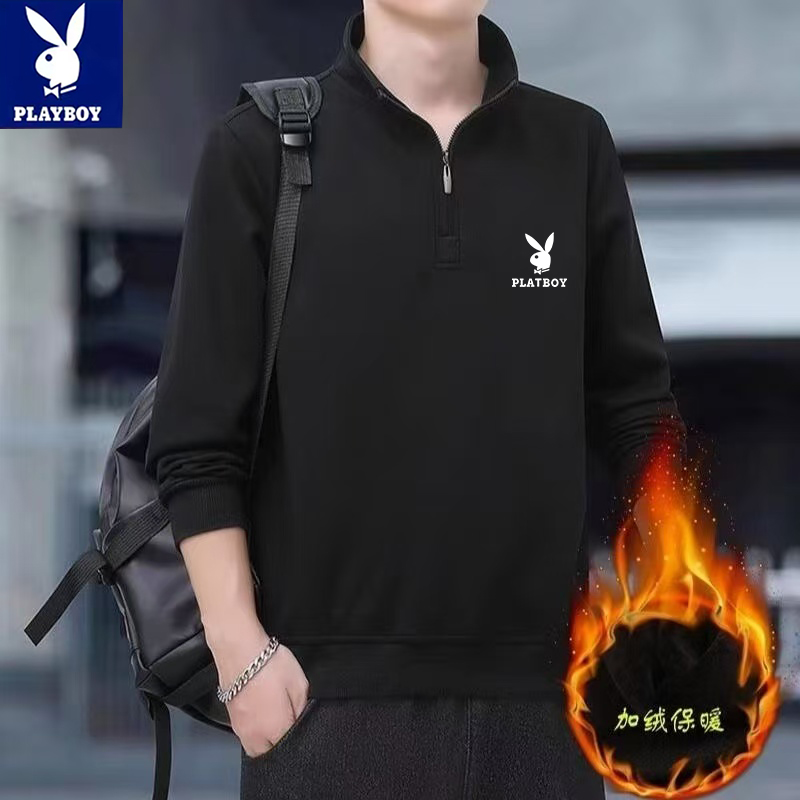 花花公子秋冬季半拉链加绒加厚保暖卫衣男士宽松百搭立领休闲上衣