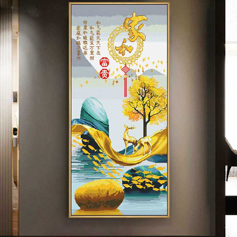 十字绣2022新款线绣玄关家和富贵现代轻奢石来运转发财鹿山水自绣