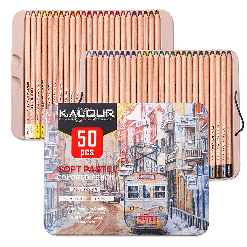 KALOUR新款50件彩色铅笔套装专业粉画彩铅手绘填图色粉彩色碳笔