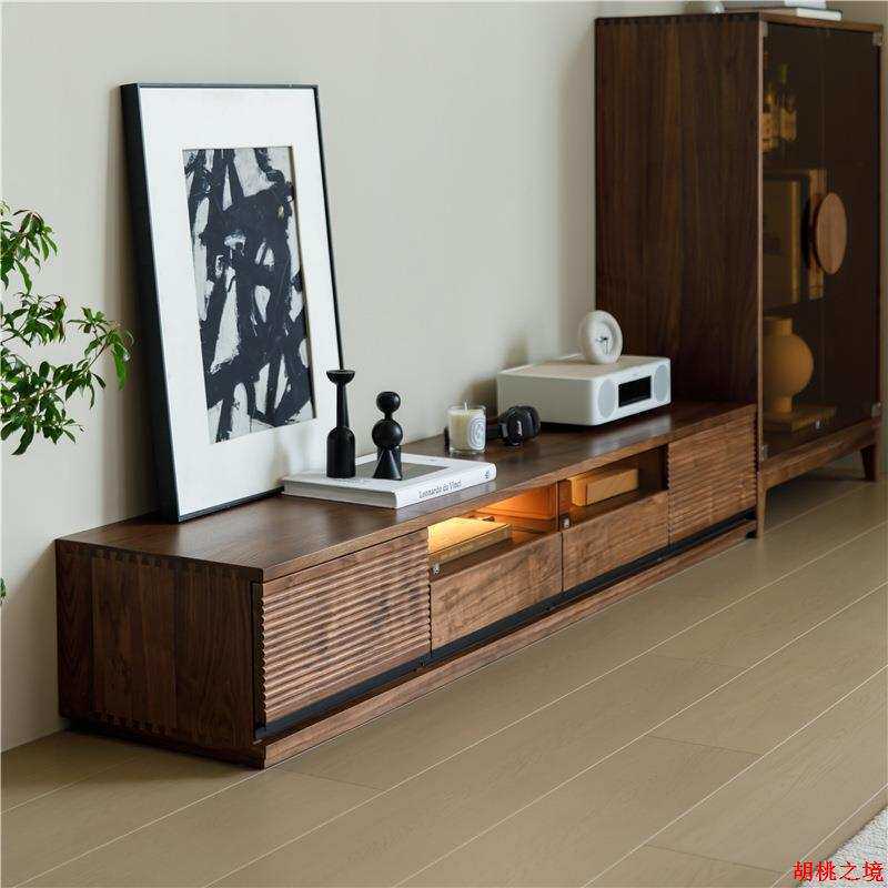 北美黑胡桃木电视柜实木柜带灯客厅日式简约意式实木落地视听柜
