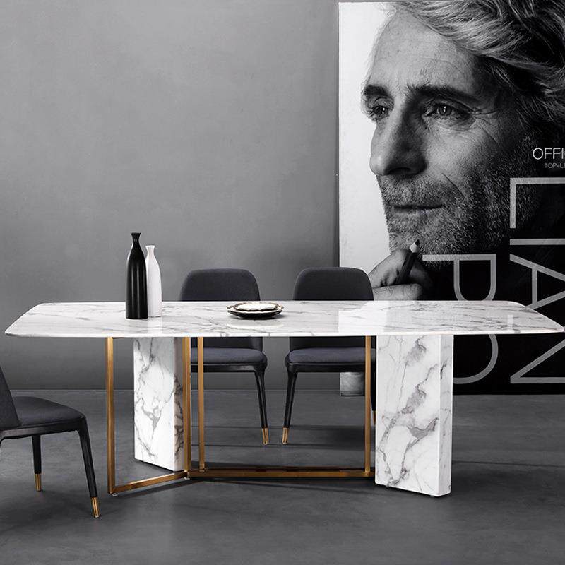 轻奢后现代大理石餐桌椅套装餐桌长方形台不锈钢酒店大桌电磁炉