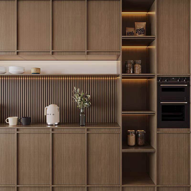 黑胡桃木纹中古风藤编门格栅餐边柜一柜到顶全屋