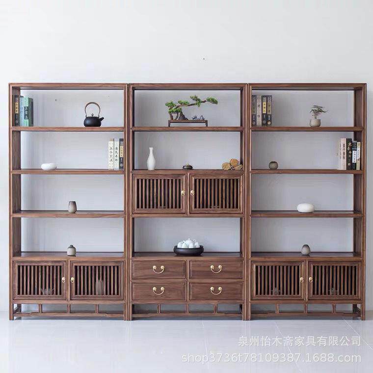 新中式书柜实木茶室茶展示架古董陈列博古架书架组合禅意置物书柜