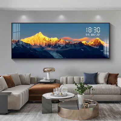 背靠金山发厅沙背景墙装饰高档大气BFB日照金山数画显电子钟表客