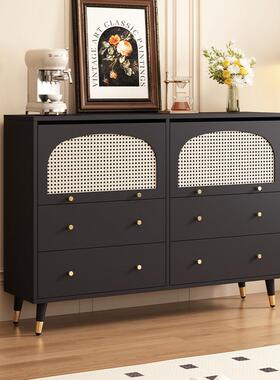 fLE黑色藤编斗柜餐边柜一体法式复古客厅餐厅靠墙收纳柜多功能储