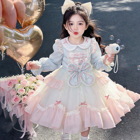 女童连衣裙春装2026新款洛丽塔公主裙儿童甜美蝴蝶结蕾丝蛋糕裙子
