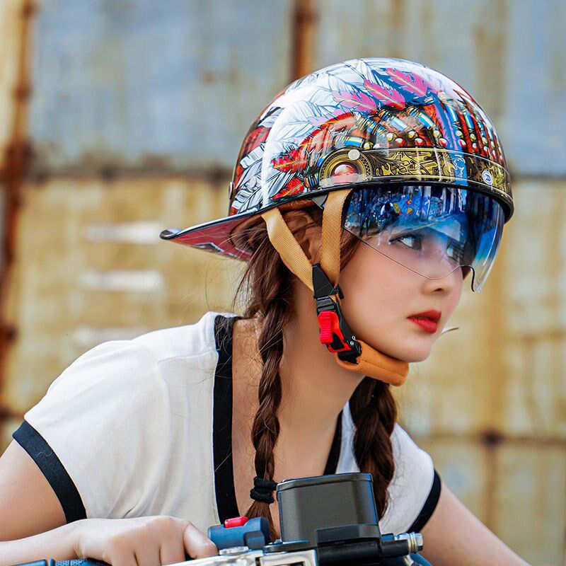 3C认证摩托车半盔男女复古德式帽檐哈雷机车太子盔轻便电动车头盔