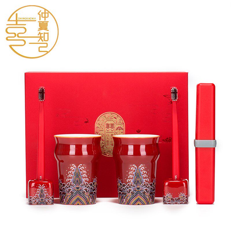 珐琅彩高档刷牙杯结婚牙刷杯子新婚洗漱用品套装陪嫁漱口杯一对红