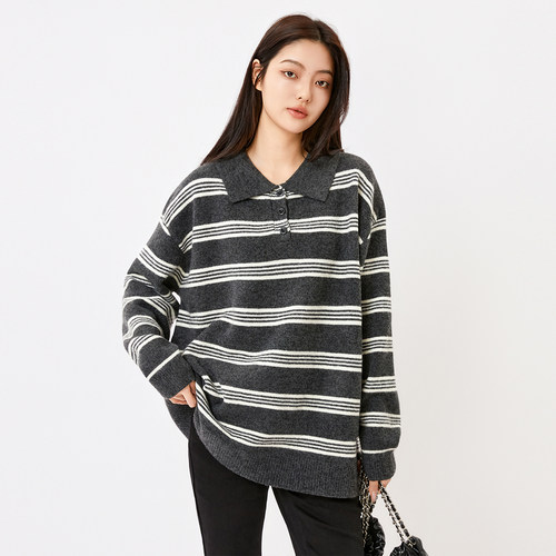 蜜澳毛衣针织衫2025冬季新款女韩版休闲条纹半拉链毛衣外套上衣