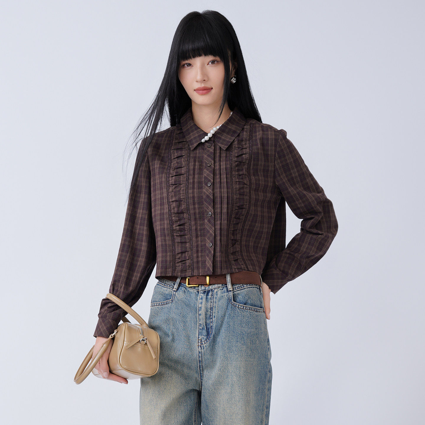 蜜澳衬衫格子2026春季新款纹花边设计感长袖衬衣小众百搭上衣女