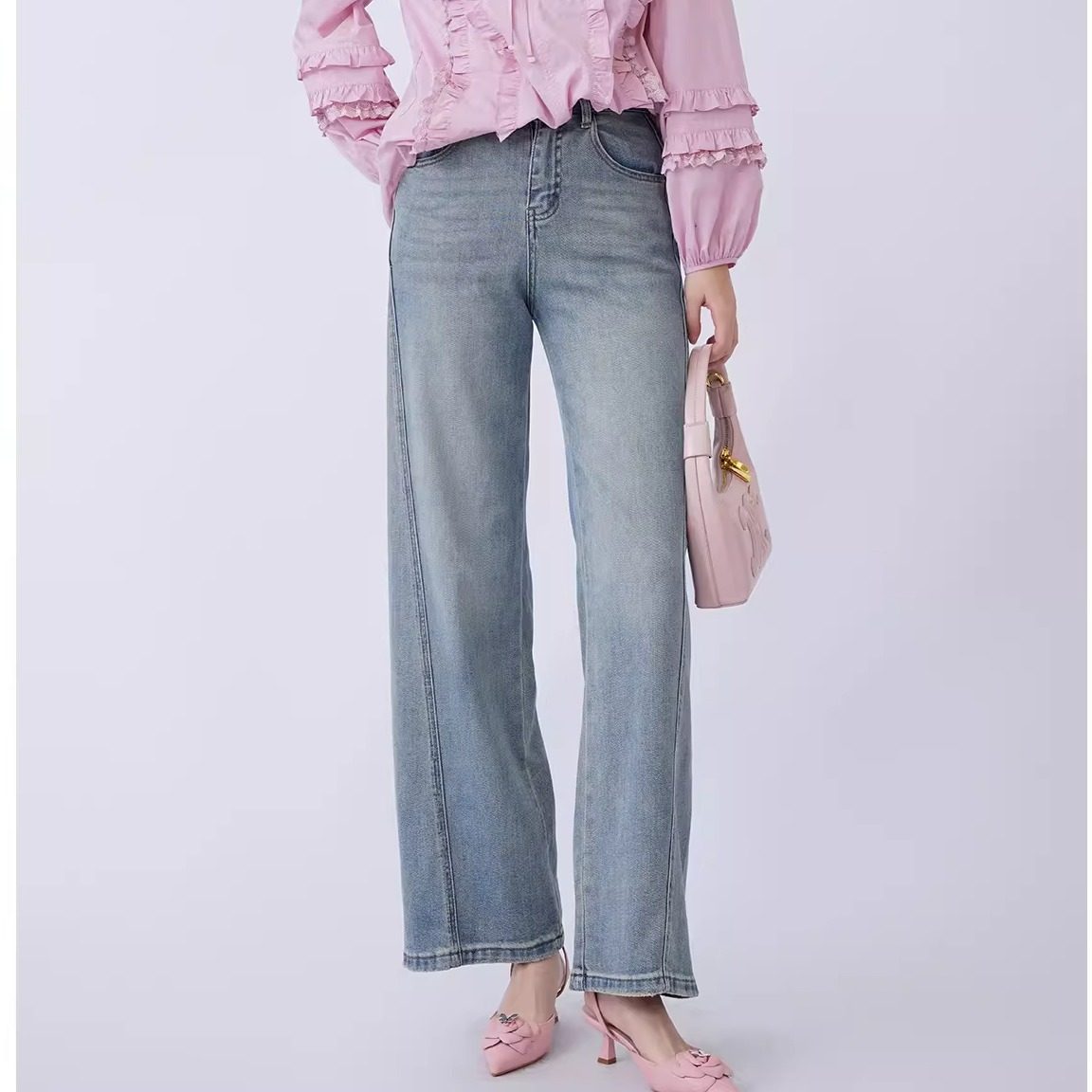 蜜澳牛仔裤2026春秋新款直筒宽松水洗浅色直筒裤时尚百搭裤子女