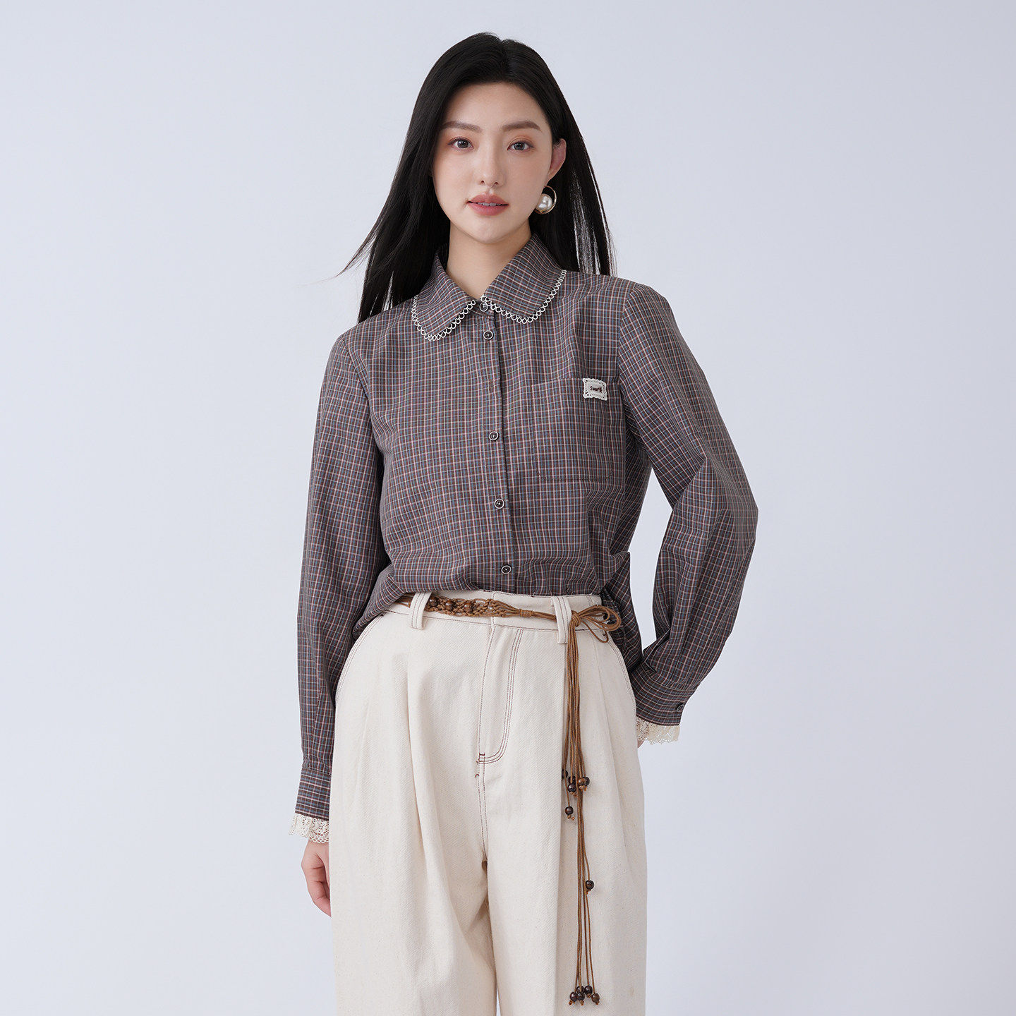 蜜澳衬衫时尚2026春季新款百搭复古格纹长袖衬衣休闲小众上衣女