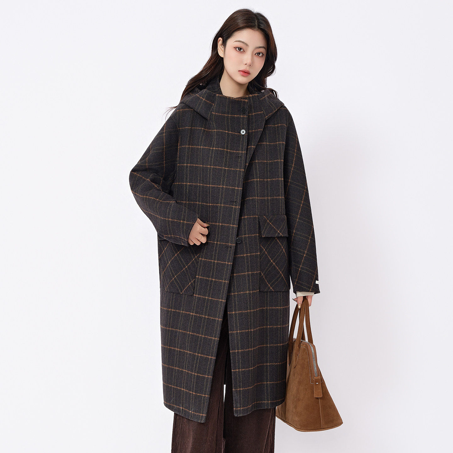 蜜澳2026春装新品格子羊毛大衣中长款毛呢外套保暖休闲外套女装