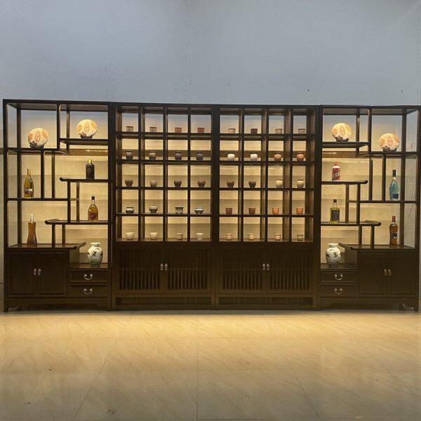 榆木博古架实木新中式带灯茶叶展示架子酒柜多宝阁格子柜隔断定制
