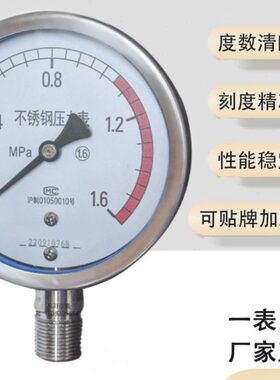 不锈钢压力表Y100BF YTF100H不锈钢耐震压力表304高温 氨用1.6mpa
