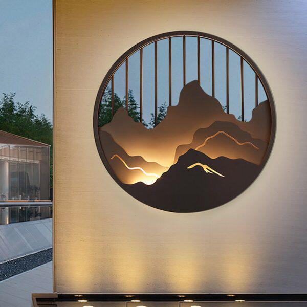 中国风山水禅意新中式户外庭院装饰圆形壁灯酒店玄关屏风花窗灯具