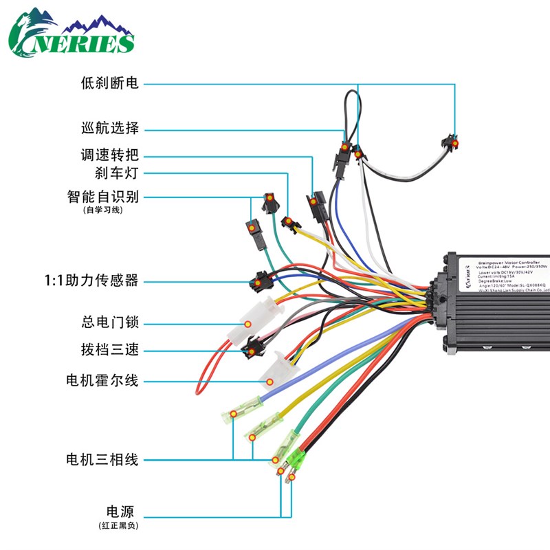 24V-48V电动自行车正弦波智能直流无刷电机控制器250W/350W自识别