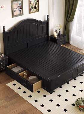 美式实木床黑色1.8双人床现代简约轻奢复古法式奶油风储物婚床