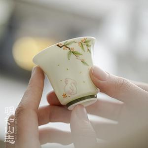 明知山志 果青桂下私语西岭茶杯 手绘玉兔桂花家用品茗杯文人单杯