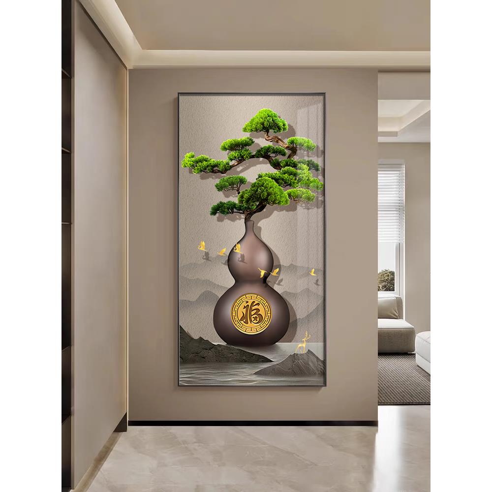 新中式葫芦入户玄关装饰画带灯山水画走廊挂画正对门竖版过道壁画